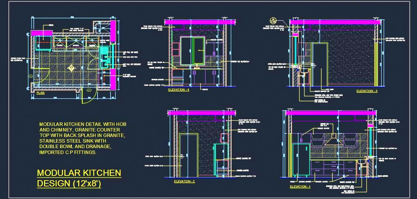 12'x8' Kitchen CAD Drawing- Granite, Sink, and Elevations